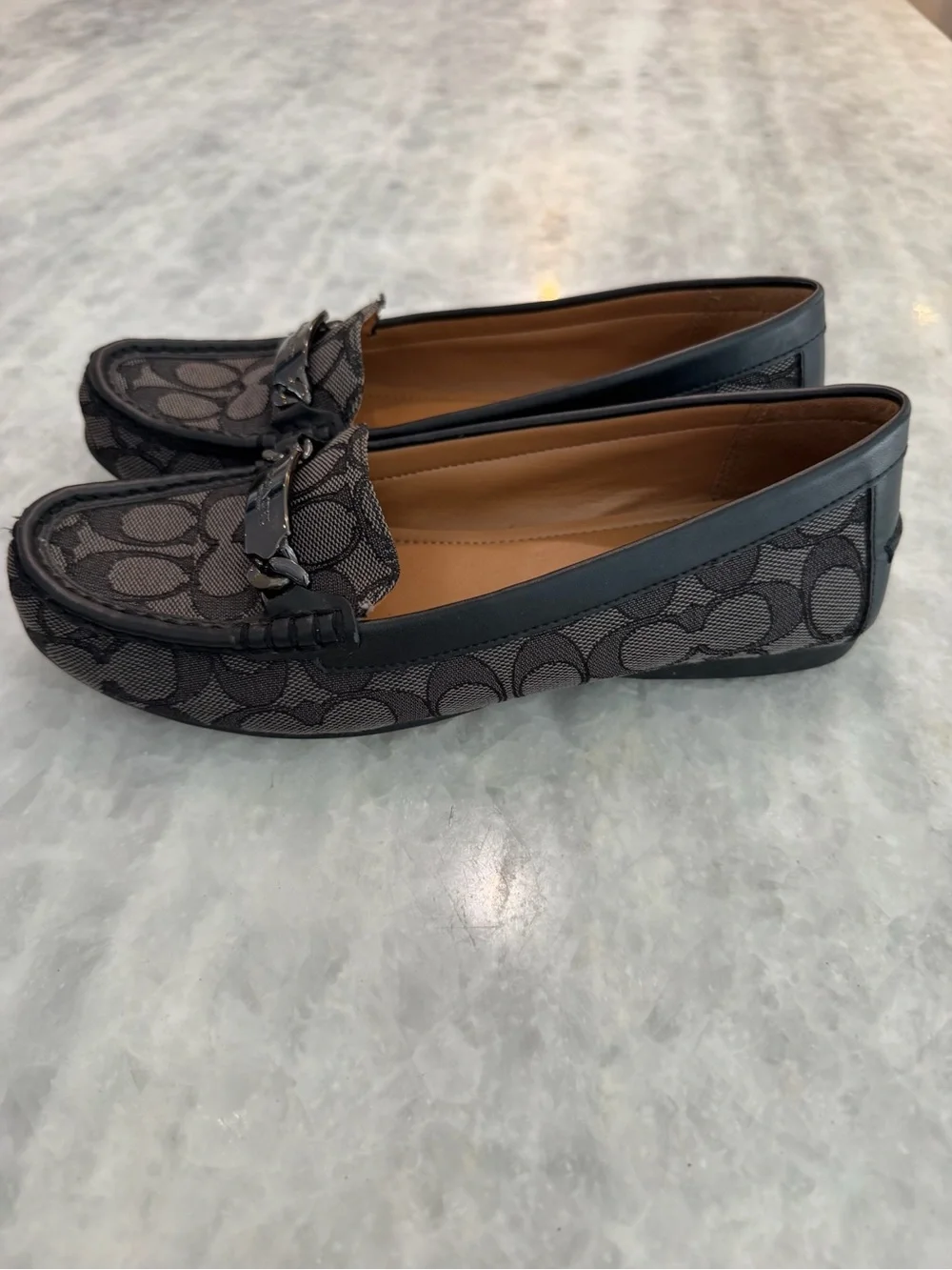 Coach Brown Signature C Gunmetal Chain-Trim Loafers